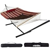 Double Outdoor Hammock with Stand, 2 Person Cotton Rope Hammock with Polyester Pad and Pillow for Backyard Porch Patio Garden