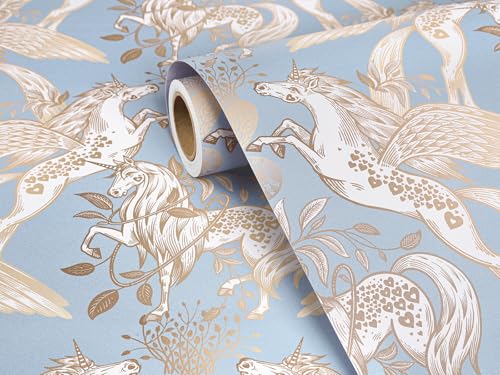 FunStick 17.5"x354" Blue and Gold Unicorn Peel and Stick Wallpaper Whimsical Aesthetic Animal Leaves Horse Wallpaper Self Adhesive Contact Paper Waterproof Renter Friendly Girls Bedroom Accent Walls