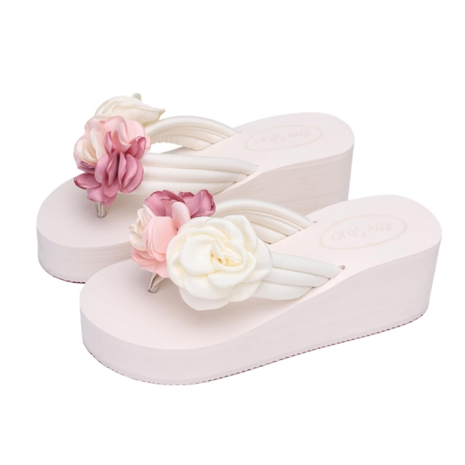 Tong femme beige à fleur et semelle épaisse compensée Eva pour plage