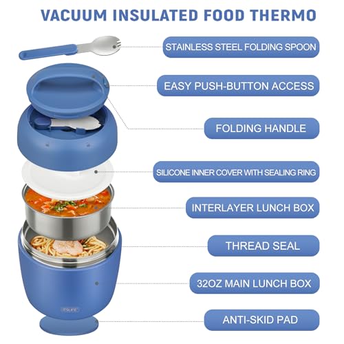 Image of Thermo Food Jar for Hot Food Adults 32OZ Soup Thermo Lunch Containers Wide Mouth Vacuum Insulated Stainless Steel Leakproof Bento Box with Spoon (New) (NEW-BLUE)