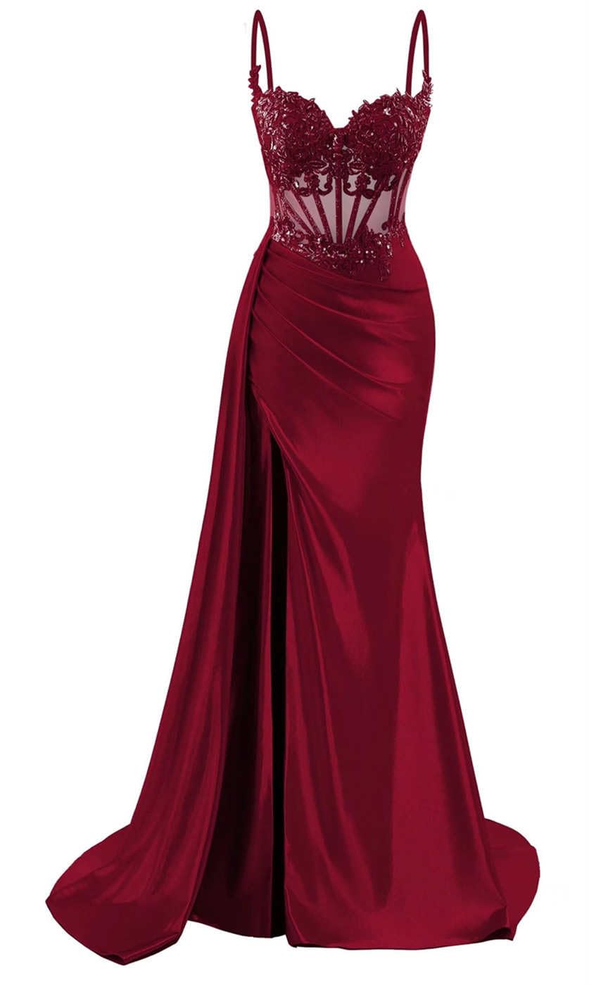 KIYNE Mermaid Satin Prom Dresses for Teens with Lace Applique Spaghetti Strap Formal Dress Long Ball Gown Wine Red UK10