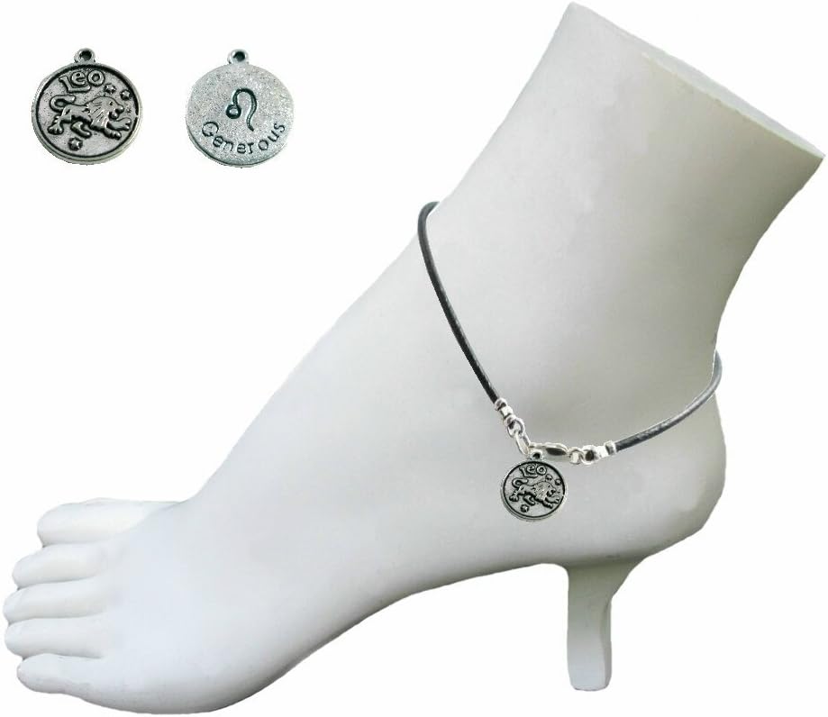 Black Leather Anklet with Zodiac Leo Symbol Silver Tone Charm ~ Sterling Silver Clasp