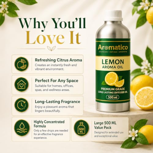 Image of AROMATICO Lemon Diffuser Oil with Strong, Long-Lasting Aroma for Homes, Offices & Showrooms | For Aromatherapy, Diffusers, Air Purifiers, Vaporizers - 500ML