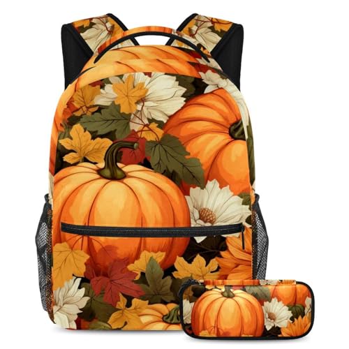 Sac à dos citrouille Thanksgiving multicolore avec trousse sac à livres de voyage ado
