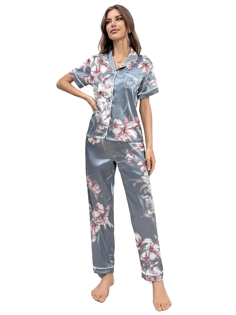 FITOnePRO[2024] Womens Silk Satin Pajamas Set Short Sleeve Sleepwear Soft Button Down Loungewear Two-piece Pjs Sets