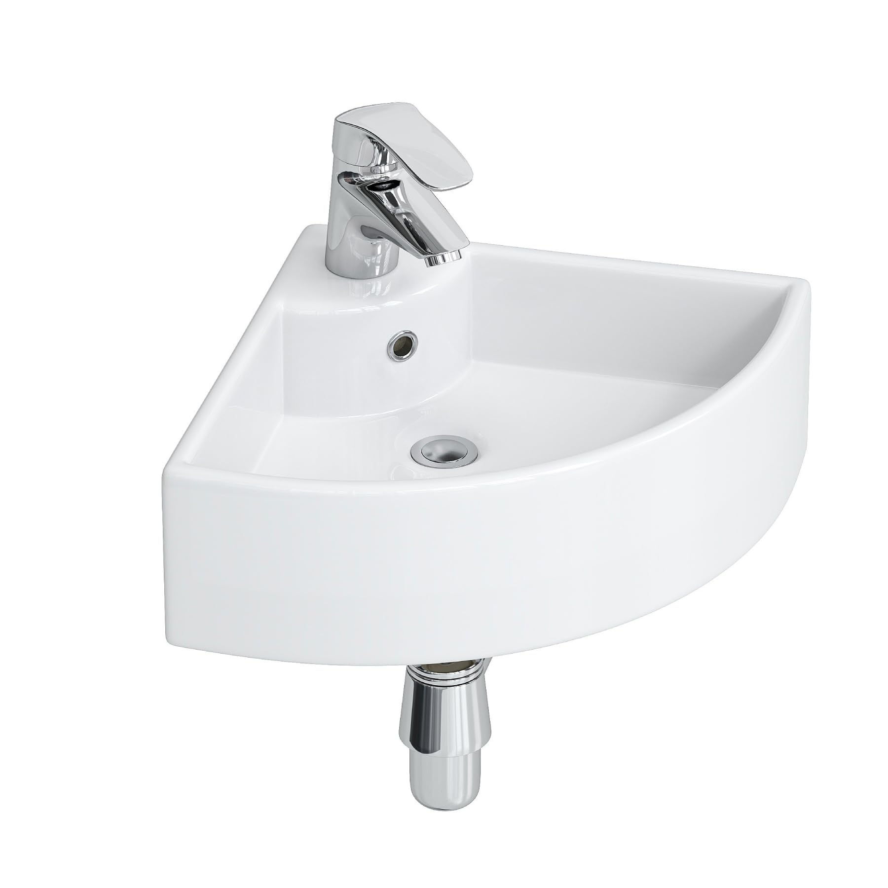 Lavabo esquinero pequeño de cerámica, 460 x 330 mm, blanco, pequeño lavabo para invitados y baños pequeños, montaje en pared o sobre encimera con orificio para grifo y rebosadero, diseño moderno de