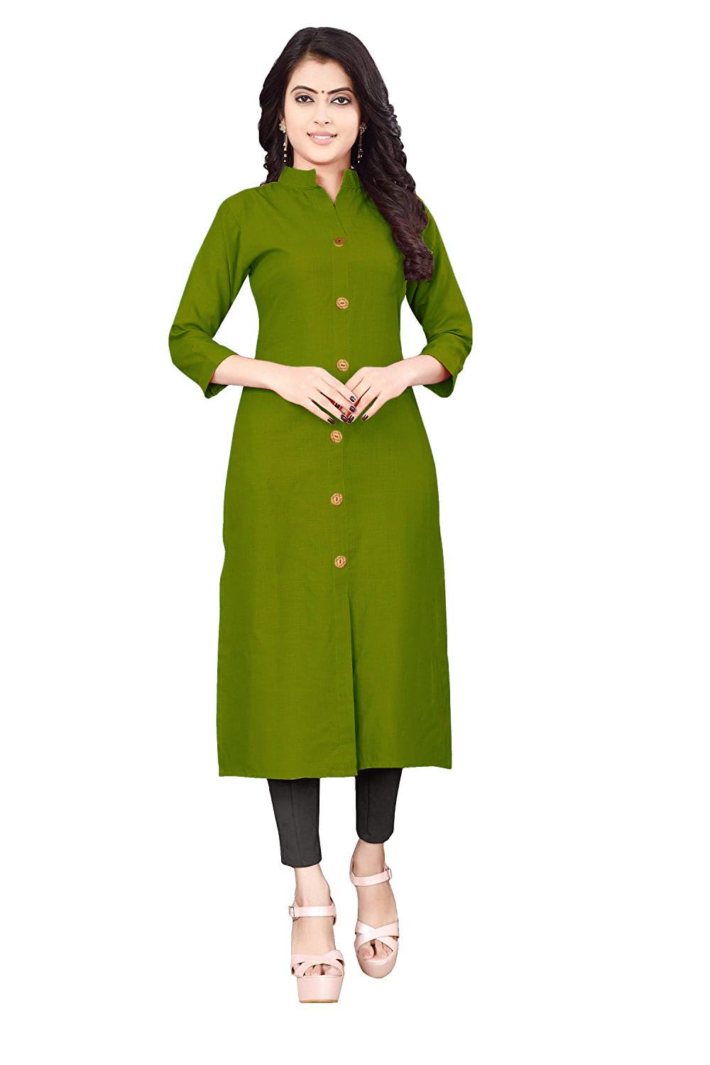Highlander Cotton Straight Fit Plain and Solid Front Slit Mandarin Collar Kurtis Top for Women with Button Pattern in neutral