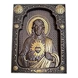 Sacred Heart of Jesus Handcrafted Wood Carved Catholic Icon of Our Lord Jesus Christian Wall Art & Inspirational Wall Decor - Handmade Jesus art 7x9 inches - Unique Catholic Gift
