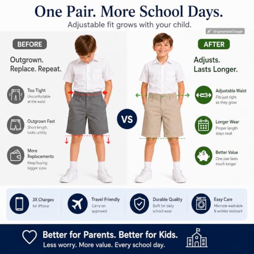 Image of Bienzoe Boys School Uniform Shorts: Flat Front Cotton Bermuda - Adjustable Waist - Breathable for Church Outdoor - Aged 4-13
