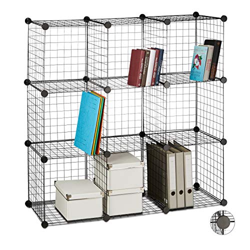 Étagère modulable grille treillis 9 cubes compartiments DIY métal meuble rangement grillage 35x35 cm, noir