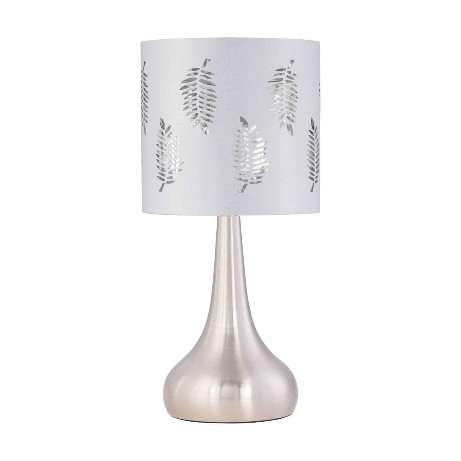 firstchoicelighting Brushed Chrome Touch Operated Table Lamp or Bedside Light, Modern Design, Height 33cm,White Fern Shade, LED Compatible