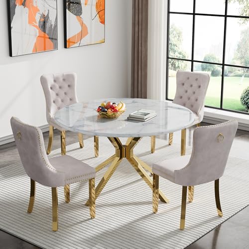 Image of 5-Piece Round Dining Table Set for 4, Luxury Faux Marble Kitchen Table Set for 4 with Beige Velvet Chairs, 45 inch Circle Dining Room Tables with White Marble Top and Gold Stainless Steel Cross Legs