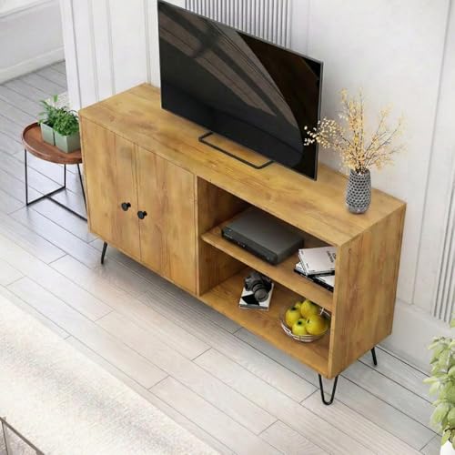 Image of FFO Wood Sideboard Cabinet | Wooden Living Room Storage Cabinet with Drawers, Side Cabinet for Bedroom, Modern Wood Finish, 2 Door Cupboard with Metal Legs Wooden - DIY