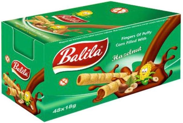 Balila Corn Tube Snack Hazelnut Cream Flavour 15g - Gluten Free | Vegetarian | Low Calorie and Salt | A Source of Fibre | Pack of 48