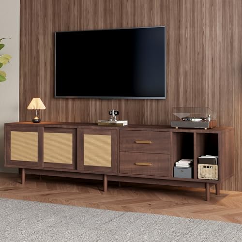 Merax Meuble TV bas avec porte coulissante en rotin, tiroir, compartiments de rangement ouverts, meuble TV pour TV de 75, buffet style campagnard, meuble TV pour salon, salle à manger, 190 cm, marron