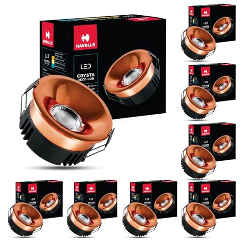 Image of Havells Crysta Deco Cob 7W 3K Rose Gold,Led-Spotlights,Energy Efficient,Long Life of 25000 Burning Hours,Beam Angle of 36,Metal Body Cob with Independent Driver,Warm White (3000K) Pack of 8