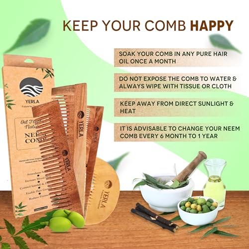 Image of YERLA Neem Wooden Comb for Men & Women | Handmade Hair Growth Wooden Comb Set | Soaked in 17 Herbs & 4 Oils | Pocket, Dual teeth & Handle Combo (Pack of 3)