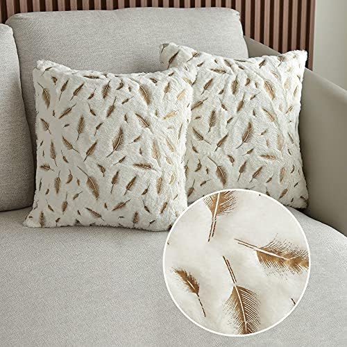 Bontalc Throw Pillows Covers 18×18 Set of 2 Luxury Hypoallergenic Faux Fur Gold Feathers Gilding Leaves Soft White Decorative Pillow Covers Cushions Cases for Living Room Bed Couch Sofa Car