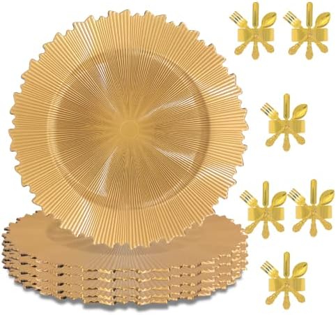 GOLD ANTLERS Gold Charger Plates and Gold Napkin Rings - Set of 6 - for Dinner, Wedding, Event, Conferences, Decoration