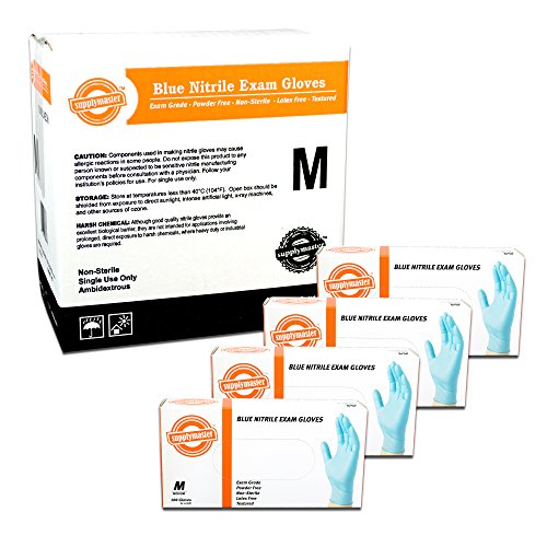 SupplyMaster Blue Nitrile Exam Disposable Gloves - 3 Mil, Powder Free, Non-Sterile, Latex Free, Textured, Ambidextrous, Medium, Case of 400