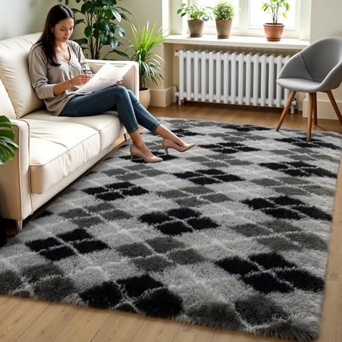 Zentavio Area Rugs for Living Room Rugs for Bedroom 4x6 Carpet Fluffy Fuzzy Soft Shag Aesthetic Plush High Pile Gray Throw Rug for Nursery Kids Room Dorm Diomond Black