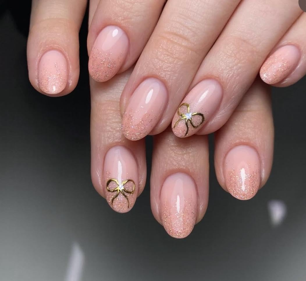 HAPPY FINGERS Artificial Nails – Pack of 12 Round Shape Handmade Press-On With Golden Bow for Women & Girls | Reusable, Pre-Designed | Perfect Decorative Fake Nails for Girls (Nude Pink)