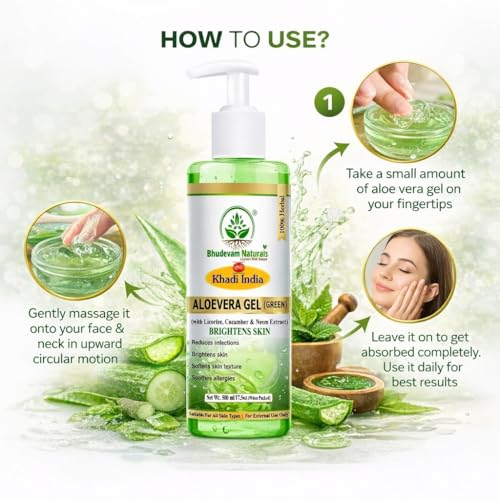 Image of Khadi Organic and Natural Aloe Vera Gel Green for Glowing Face Skin | Natural Moisturizer for Skin | Soothes Sunburn & Acne | Non-Sticky Herbal Formula | For Men & Women | 500ml