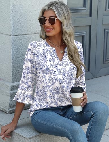 3/4 Length Sleeve Womens Tops Summer Ruffle Sleeve Blouses V-Neck Lace T-Shirts Dressy Casual4