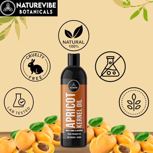 Image of Apricot Oil 200ml by Naturevibe Botanicals 100% Pure Cold Pressed Apricot Kernel Oil for Skin, Hair & Body Massage | Lightweight Moisturizing Carrier Oil Rich in Vitamin E | Suitable for Face, Body & Scalp Care