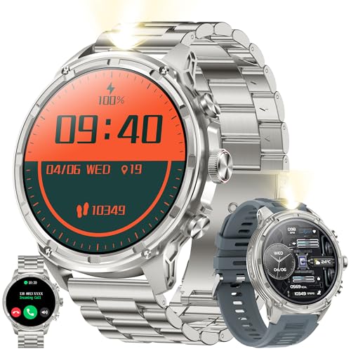 1,85” AMOLED Rund Smartwatch Herren mit Telefonfunktion, 710mAh Batterie, 5ATM Wasserdichte Fitnessuhr mit Taschenlampe, Schrittzähler SpO2, 123 Sportmodi, Aktivitätstracker für Android iOS (Silber)
