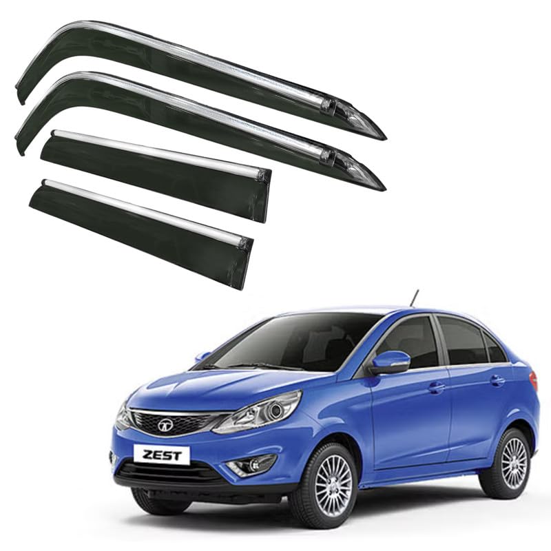 Image of CAR SAAZ Side Door Visors for Zest (2014-2019)(Set of 4Pcs)|Chrome Lined Rain Guards, Polycarbonate, Smoke Finish