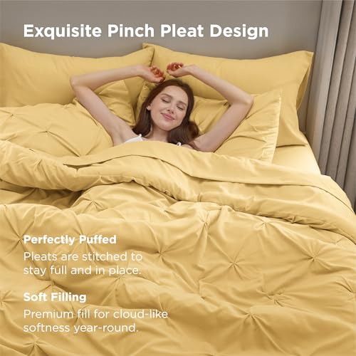 Image of Bedsure Queen Comforter Set Yellow - Bed in a Bag Queen 7 Pieces, Pintuck Bedding Sets Gift for Christmas, Pinch Pleat Bed Set with Queen Size Comforter, Sheets, Pillowcases & Shams