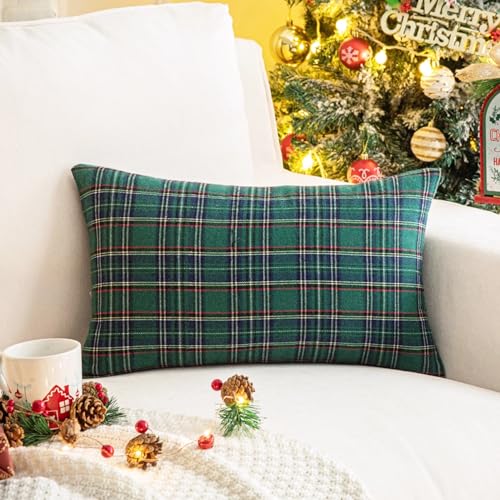 Image of AQOTHES Christmas Plaid Decorative Throw Pillow Covers Green Blue 12x20