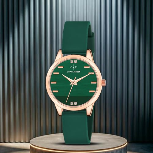 Image of CHARLIEKEEN Women's Elegant Watch with Rose Gold Case, Silicone Band, Crystal Accents, Analog Display