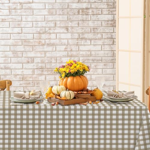 Image of 12 Pack Brown and White Plastic Checkered Tablecloth, Premium Decorative Disposable Tan Gingham Plaid Table Cloths for Parties, Rectangle Party Table Cover for Picnic Farm Birthday Fall, 54x108 Inch