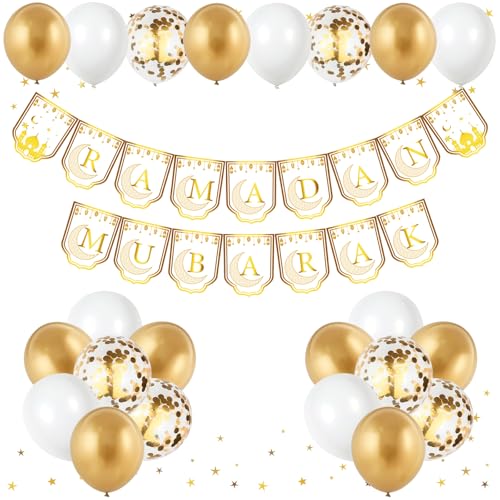 Ramadan Mubarak Decorations for Home, 14PCS Balloons + Ramadan Eid Mubarak Banner, Eid Festival Party Supplies