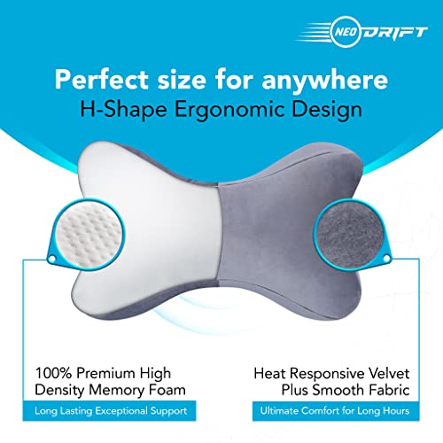 Image of Neodrift 'NeckBone' - Neck Rest Cushion Orthopedic Velvet Memory Foam Pillow for Neck, Head, Shoulder Support - Pain Relief for Car, Set of 2 (Colour-Gray)