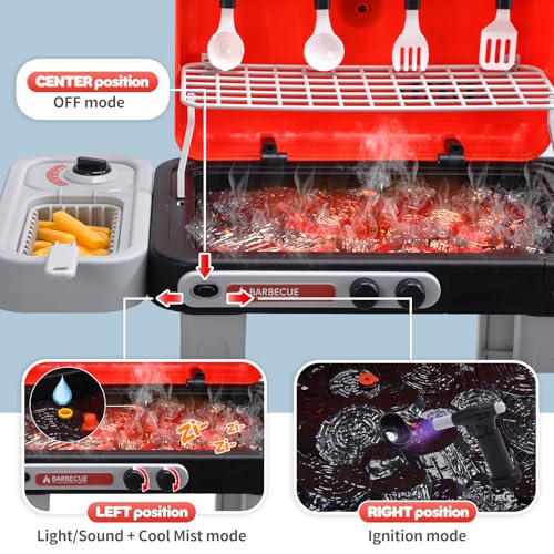 CUTE STONE Kids BBQ Grill Toys, Color Changing Play Food, Sizzling Sound & Light Effects, Cool Mist Spray, Pretend Cooking with Frying & Grilling, 2-Tier BBQ on Wheels - Kitchen Toy, Birthday Gift by CUTE STONE - Used condition - Image 5