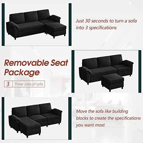 Vongrasig 79" Convertible Sectional Sofa Couch, 3 Seat L Shaped Sofa With Removable Pillows Linen Fabric Small Couch Mid Century For Living Room, Apartment And Office (Black) #TOP6