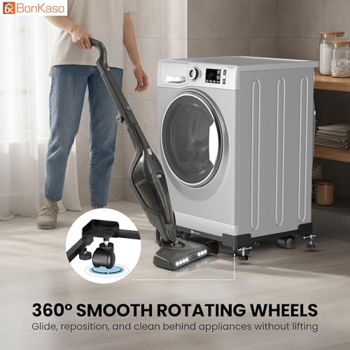 Image of BonKaso Adjustable Heavy Duty Appliance Stand with Wheels & Anti-Slip Pads | Steel Frame Trolley for Washing Machine, Refrigerator & Dishwasher | Load Capacity 200 Kg (50x43x12.5 cm) Black