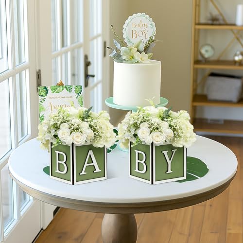 Centres de table fête prénatale bloc bois vert baptême - 8