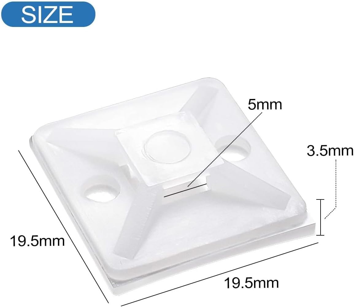100 PCS Zip Tie Mounts, Self Adhesive Cable Tie Holders, 3M Strongly Adhesive-Backed, 3/4in White Wire Tie Base Holder with Screw Hole, 19.5mm x 19.5mm Squares, Cable Clips Management Anchors