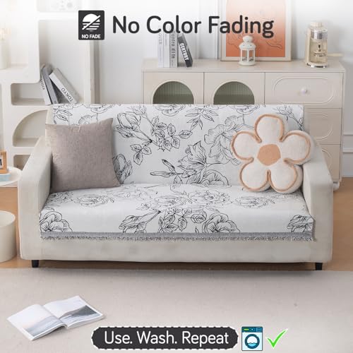 Image of HOKIPO Serene Abode Sofa Cover 3 Seater, 180x175 cm, White Rose Garden