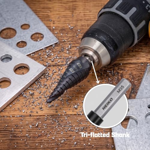 Image of NEIKO 10623B Step Drill Bit, 9 Steps 1 /2 inch to 1 inch Spiral M35 Cobalt, AlTiSiN Coated, 3 /8 inch Tri-Flat Step Bits for Steel, Metal, Wood, Plastic, Unibit Cone Drill Bits, Two Flute
