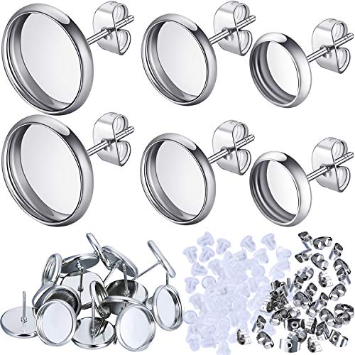 450 Pieces Stainless Steel Blank Stud Earring Bezel Set, 150 Pieces 3 Size Blank Earring Stud, 100 Butterfly Earring Back, 200 Rubber Earring Backs for DIY Jewelry Making Findings Supplies (Silver)