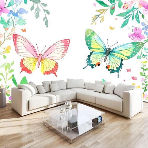 Fotomurales Papel pintado Mariposa de acuarela con flores 250 x 175 cm Papel pintado tejido no tejido Decoración de Pared decorativos Murales