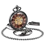 Herren Antik Drache Mechanische Skelett Taschenuhr Schwarz Bronze Doppelgehäuse mit Kette – Bild 5