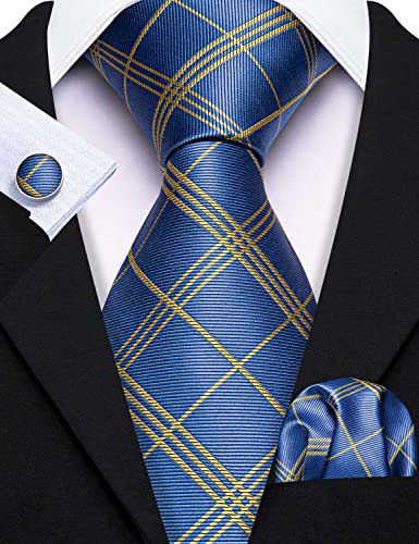 Image of Barry.Wang Tie Sets for Men Silk Stripe Necktie Woven Checkered Handkerchief Cufflinks Formal Business Wedding