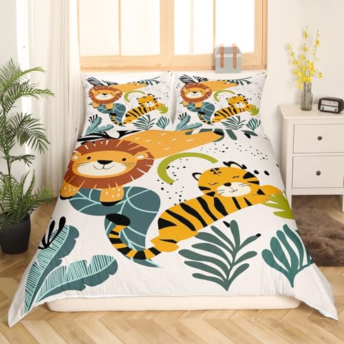 Feelyou Cartoon Lions Tiger Bedding Set Green Tropical Leaves Duvet Cover Kids Botanical Leaf Pattern Comforter Cover Wildlife Bed Set Nature Bedroom Decor Quilt Cover 3Pcs King Size (No Comforter)