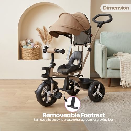 Image of Luusa Elite Pro 4-in-1 Kids Tricycle with Parent Push Handle, Adjustable Canopy, Safety Seat with Seat Belt, Storage Basket & Cup Holder | Toddler Trike for 1-4 Years Boys & Girls (Beige)